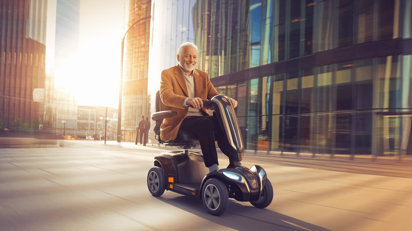 Man op scootmobiel in stadsomgeving