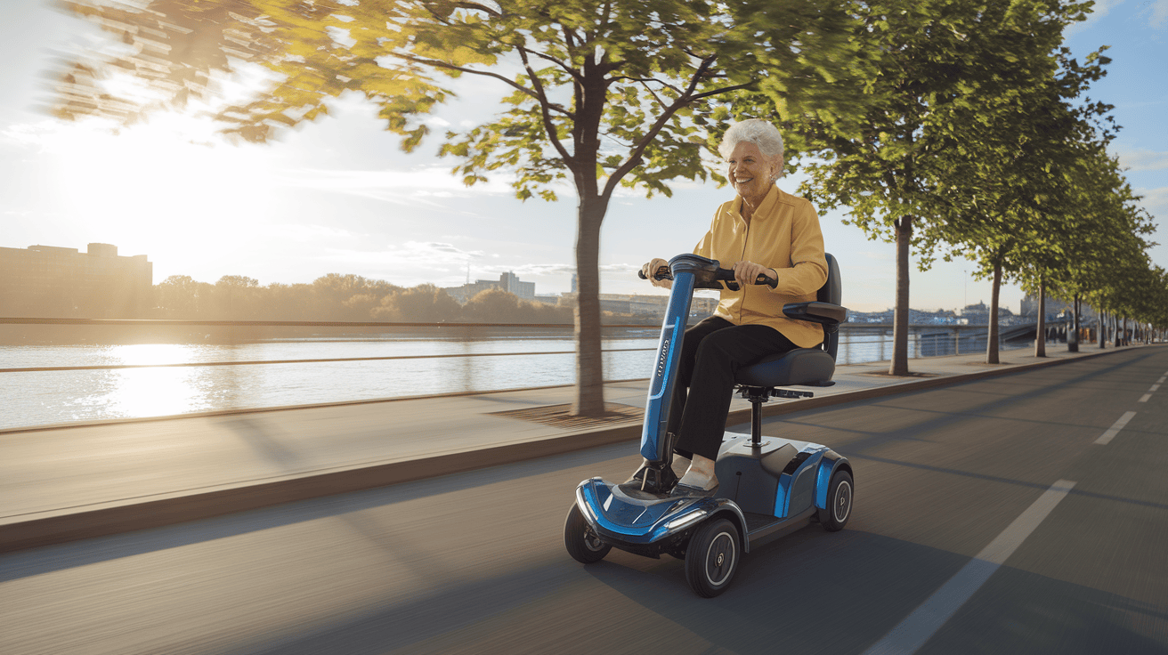 Oudere vrouw op scootmobiel langs rivier